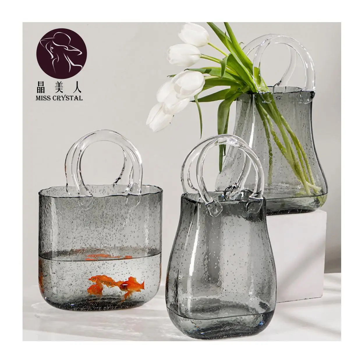 Modern Decoration Maison Clear Fish Tank ,Crystal Glass Flower Vase Handbag for Home Decor