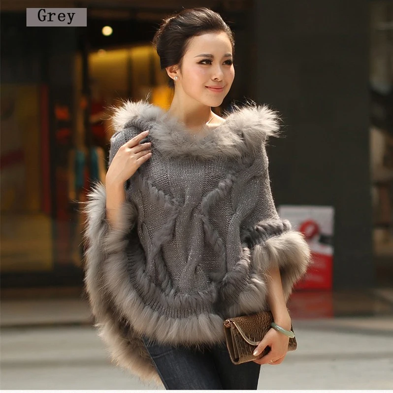 Модные роскошные женские вязаные пуловеры из натурального кроличьего меха с отделкой мехом енота накидка пончо повязки свитер