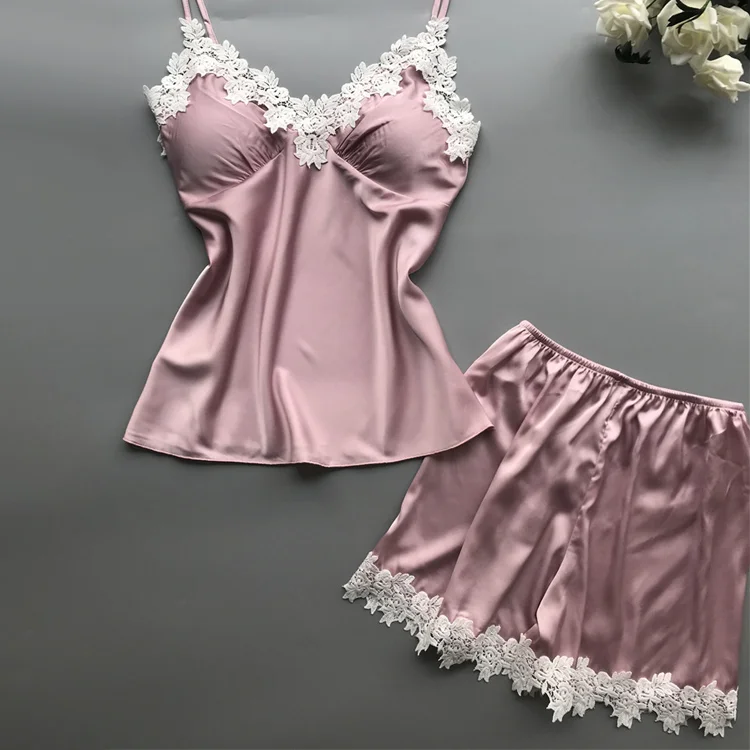 China Supplier Sexy Sleeveless  2 Pieces Satin Pajamas Set