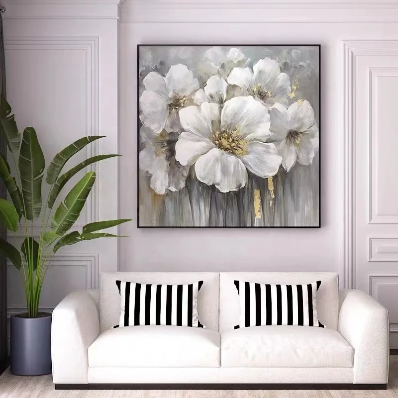 Popular Hot Sale OEM Gold Floral Modern Canvas Painting White Flower Art Picture Hand painted Abstract Oil Painting