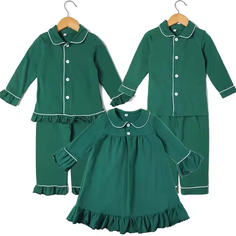 Christmas family matching  button down  pajamas set toddler girl ruffle nightgown kids baby boy girl solid red pajama