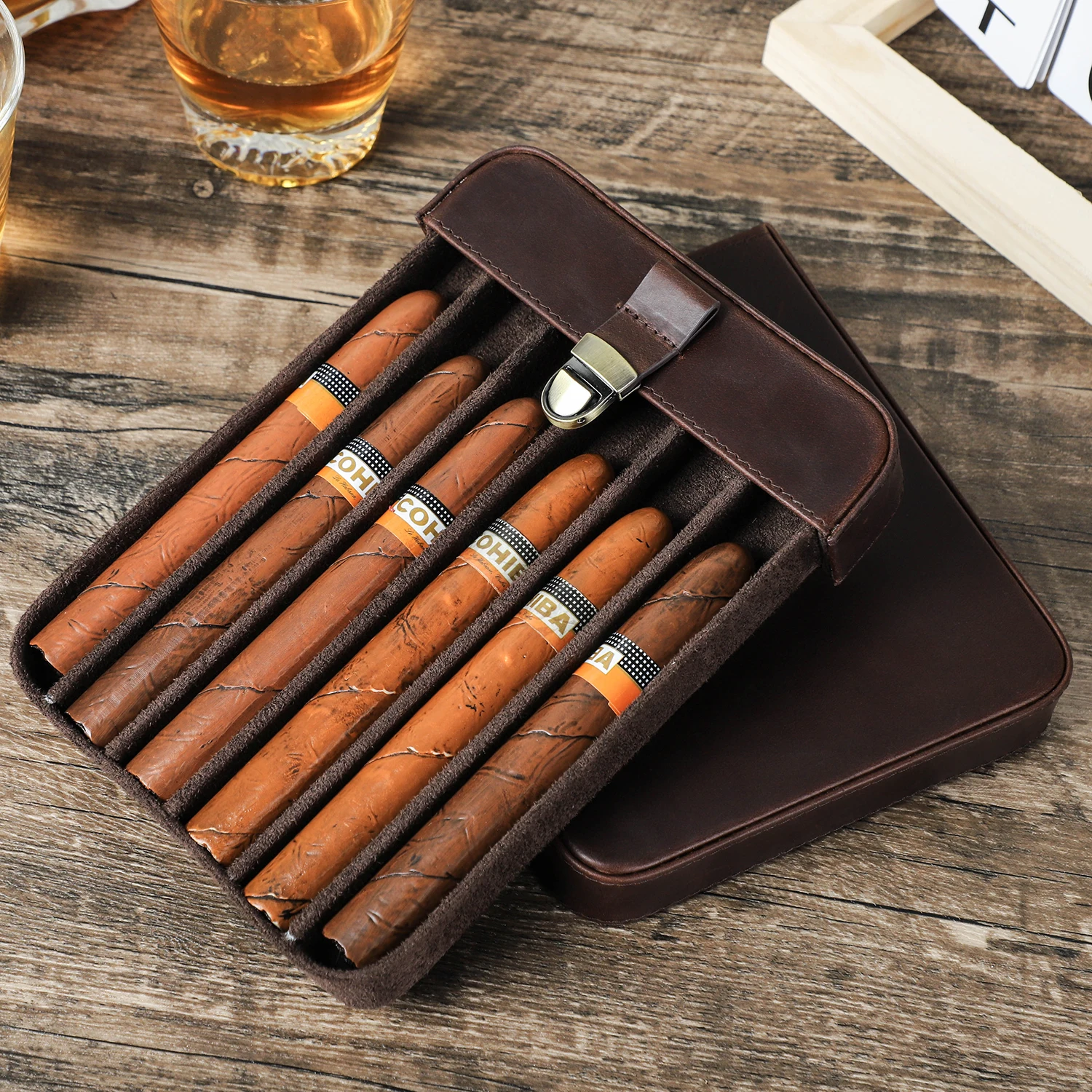 Custom Portable Cigar Case 6 Slot Travel Leather Vintage Cigar Humidor Holder Box Embossed Logo