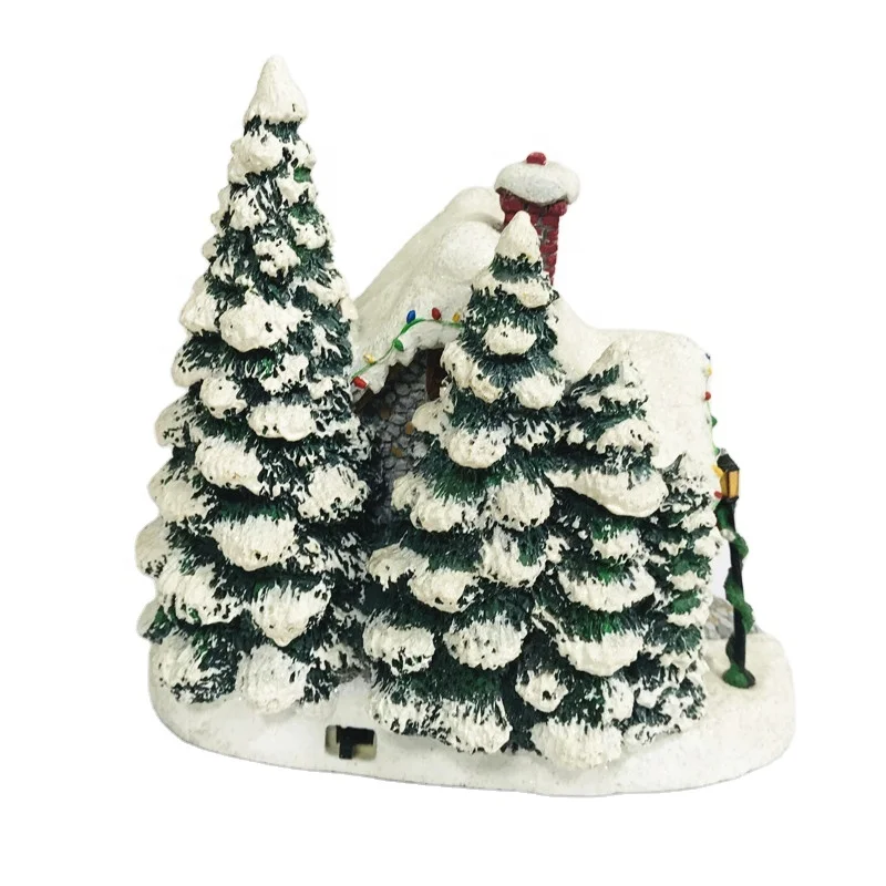Indoor Gift Handicraft Polyresin Snow Houses Decoration Mini LED Music light house Christmas village