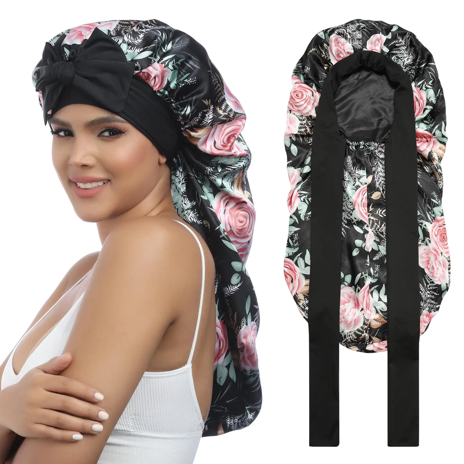 Floral Long Satin Bonnet for Sleeping - Double Layer Reversible Silk Bonnet for Long Hair Women Sleeping Cap With Tie Band