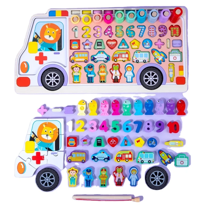 Best-selling wooden ambulance log board educational toy having jobs and tools puzzle and magnetic fishing game juegos montessori