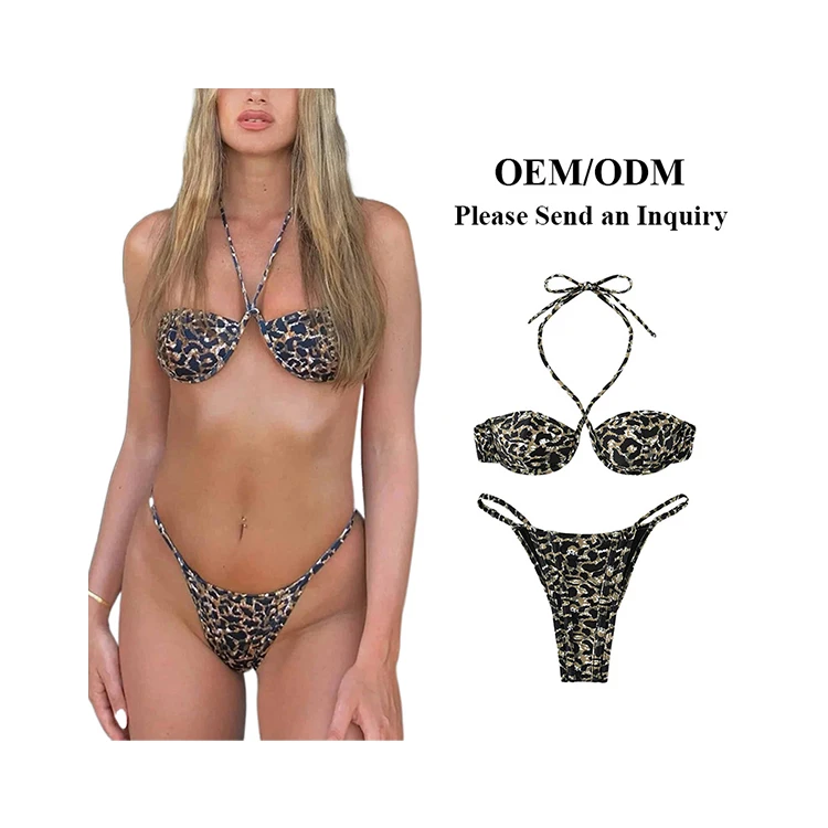 Aide Sexy Halter CUP Handwork Small Ruffle Swimsuit 2023 Patchwork Bathing Suit Leopard Bikini Sets Solid Beachwear Biquini