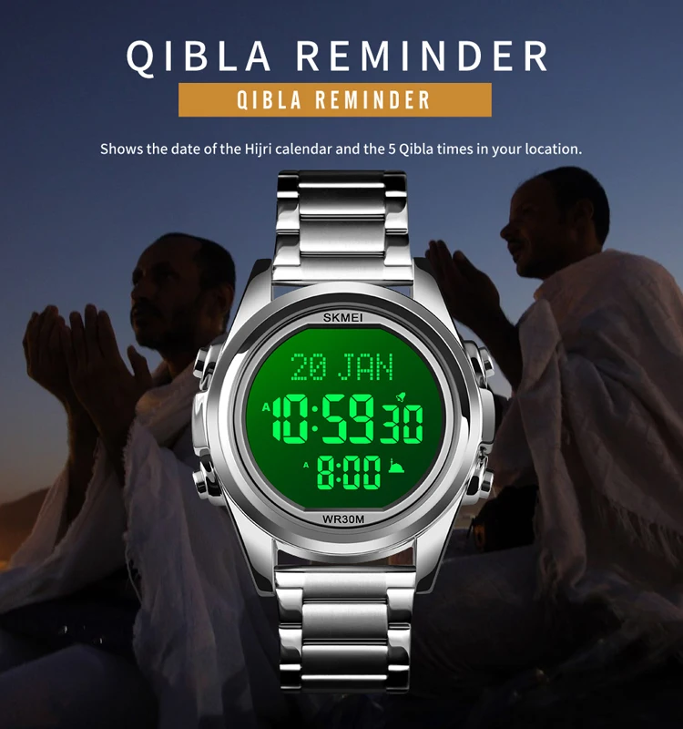 SKMEI 1667 Qibla Time LED Golden Stainless Steel Digital Watch Luxury Muslim Prayer Wristwatch For Men