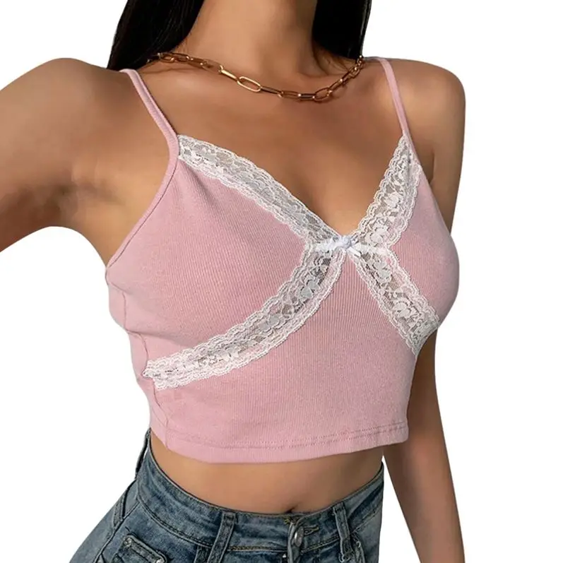 
LP Women Strap Vest Deep V Tops Camisole with Lace Ribbed Backless Crop Tops Wild Streetwear 