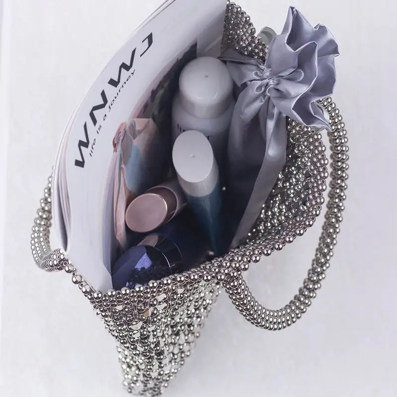 Wholesale Factory Silver Color  Bling Metallic Bead Criss-Cross Weave Square Shape Women Evening Bag Purse Handbag