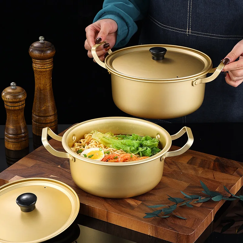 Korean Metal Kitchen Gold Instant Noodle Pot Set Aluminum Home Cooking Pan with Double Handles Lid for Gas Stove for Ramen Soup