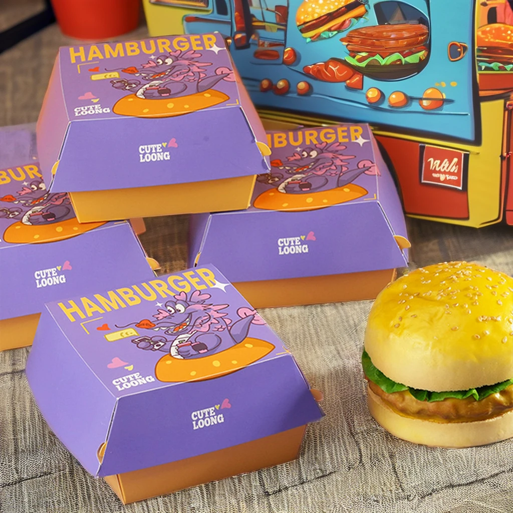 Hot Sale Custom Kraft Paper Burger Boxes Hamburger Container made of Sugarcane Food Packaging Free Sample