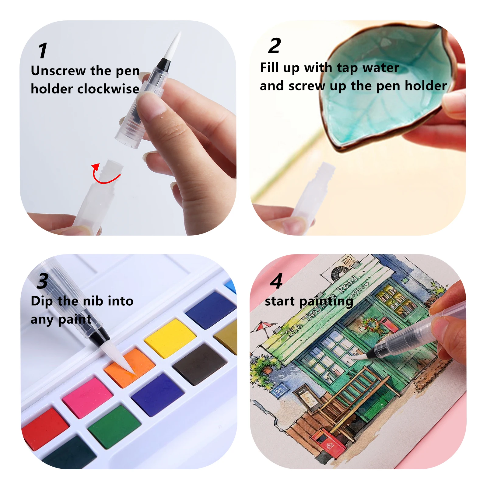 Eval 6Pcs Large Capacity Refillable Water Paint Brush Set Different Shape Soft Calligraphy Brush Drawing Pen Art Supplies