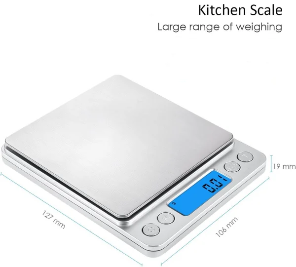 Mini Pocket Stainless Steel Kitchen Scales Back-Lit LCD Display 2 Trays 6 Units Auto Tare Batteries Included-for Cooking Food