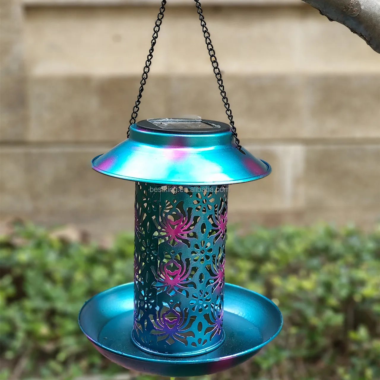 Waterproof IP44 solar powered metal hanging bird feeder outdoor hanging lantern for garden decoration