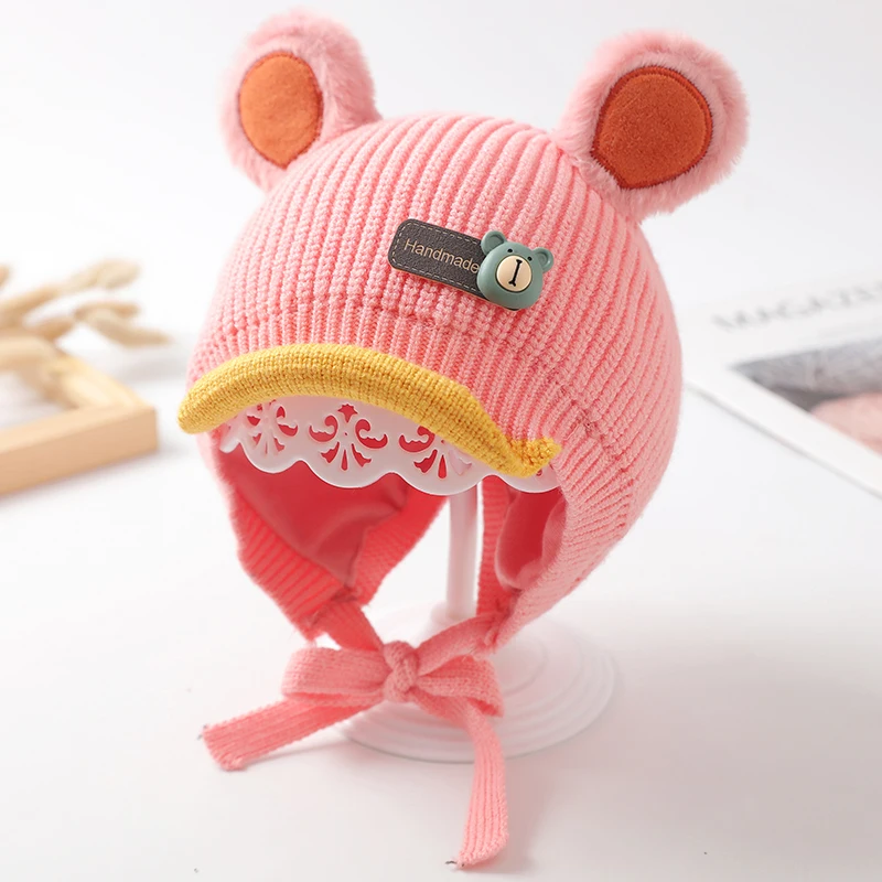 Осенне-зимняя теплая шапка с защитой ушей для новорожденных, вязаная шапка с милым медведем