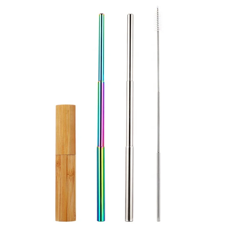 
Portable Retractable Stainless Steel Reusable Straws Collapsible Metal Telescopic Foldable Straws With bamboo Case 