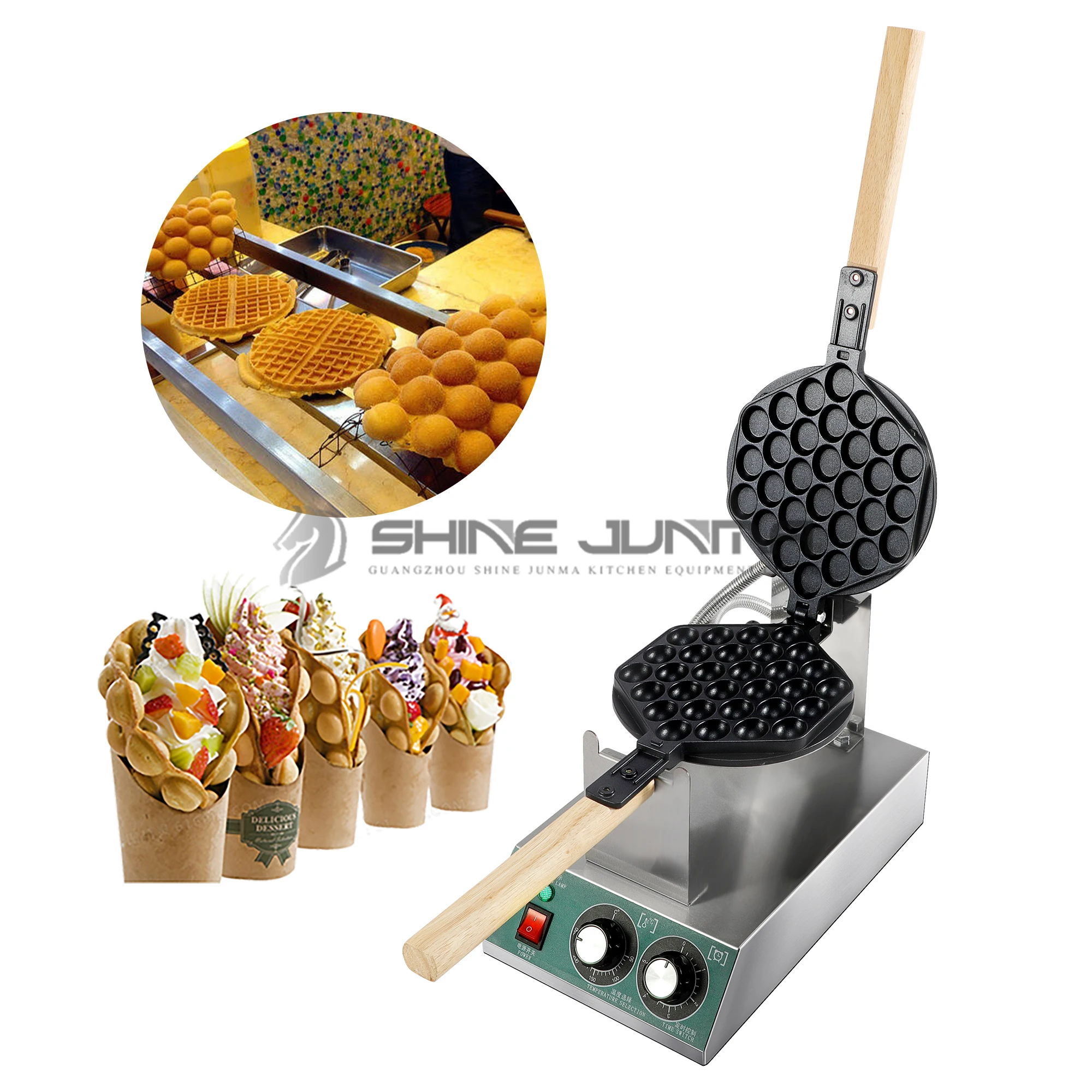 whosale Waffle Making Equipment Electric Waffle Machine Industrial Egg Waffle Maker with wooden handle