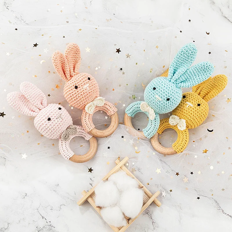 Natural Handmade Crochet Bunny Teether Bunny Wooden Teething Ring Stuffed Amigurumi Baby Rattles Toy
