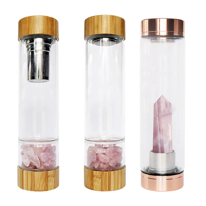 Private Label Rose Gold Healing Natural Gemstone Quartz Infused Elixir Glass Crystal Water Bottles