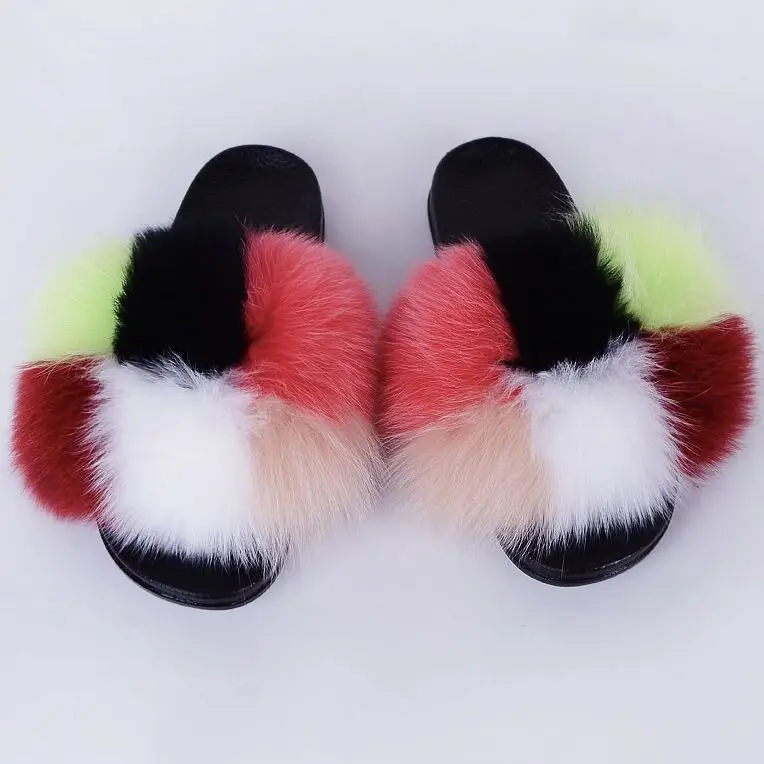 Customize fur slipper fluffy fox fur slides slippers for women cheap luxury fox fur slippers