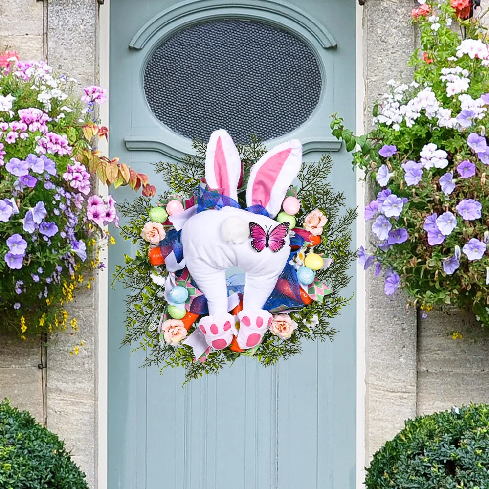 2023  New Design Easter Decoration Creative 18 Inch Garland With Soft Bunny Doll Kawaii  Easter Wreath Home Party Photo Props