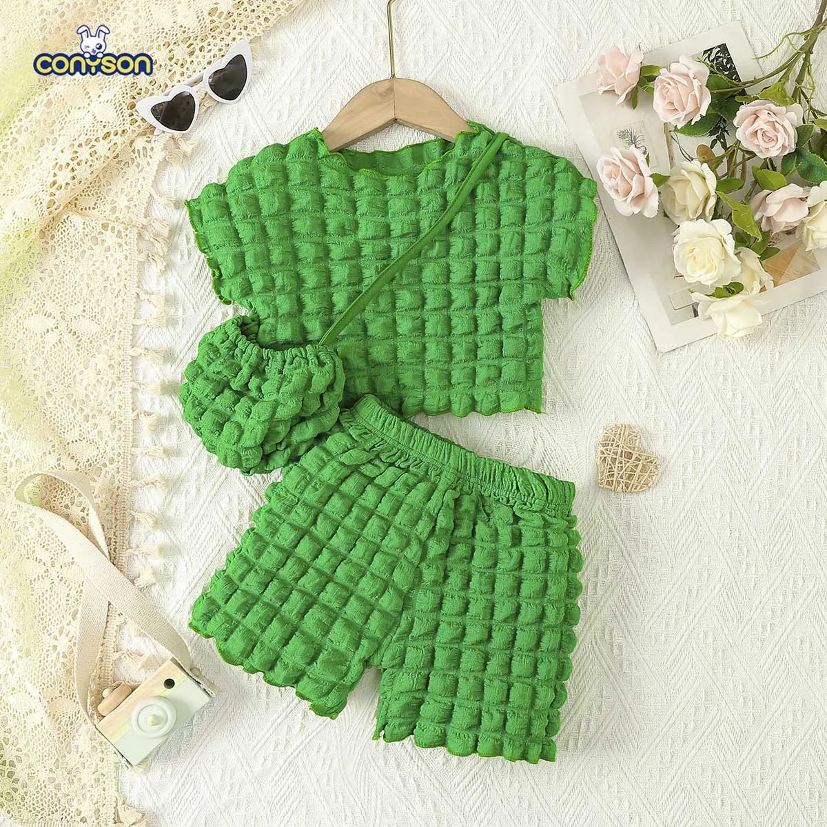 Conyson Korean Wholesale Children Fashion Clothes Summer Kids Bubble T-shirt +Shorts+Bag Toddler Girls Clothes Sets 3 to 6 Years