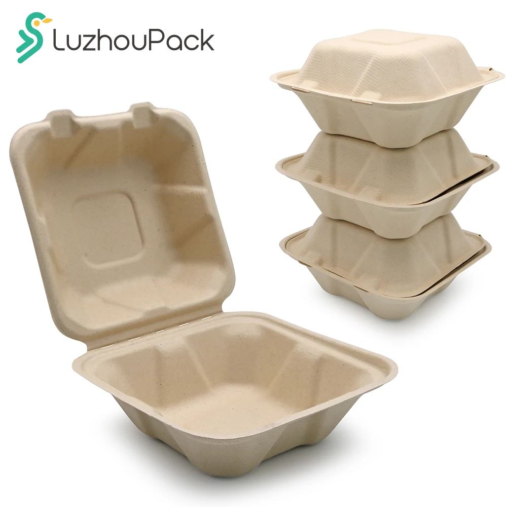 LuzhouPack Customizable OEM Take-Out Container Clamshell 6 x 6 inches Molded Fiber Bagasse to Go Food Box with Lock