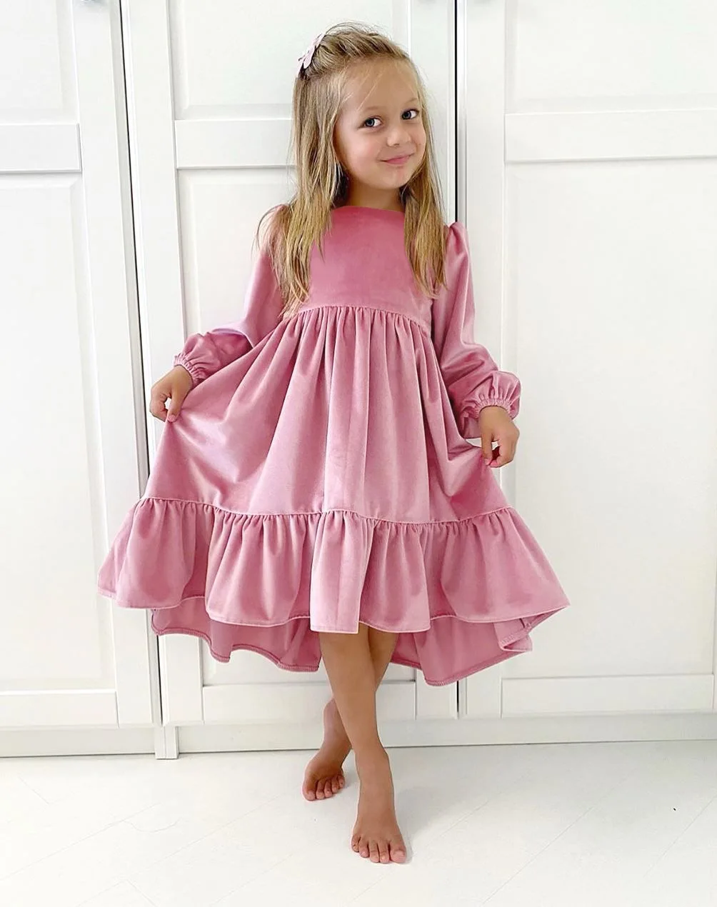Fashion Beautiful Girl Red Puffy Dresses Modern Girls Birthday Ruffle Long Sleeve Kids Dress