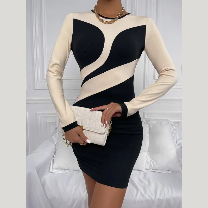 Spliced Design Spring Summer Casual Dress Sexy Round Neck Slim Fit Black And Khaki Color Block Bodycon Pencil Dresses Office