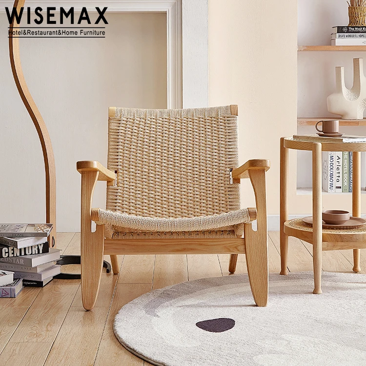 WISEMAX FURNITURE Nordic style wooden and rattan woven lounge chair armrest leisure chair for living room chair
