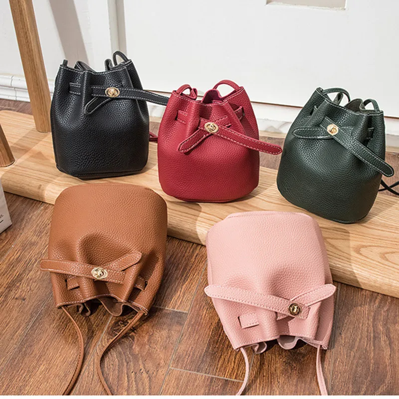 Red pu  leather women bucket bag shoulder drawstring cross body bag mini lady messenger bag