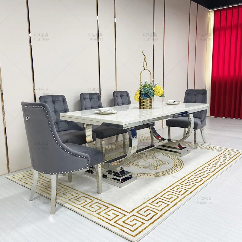 Modern cheap American high quality dining room stainless steel frame marble top square 6 8 10 seater dining tables set