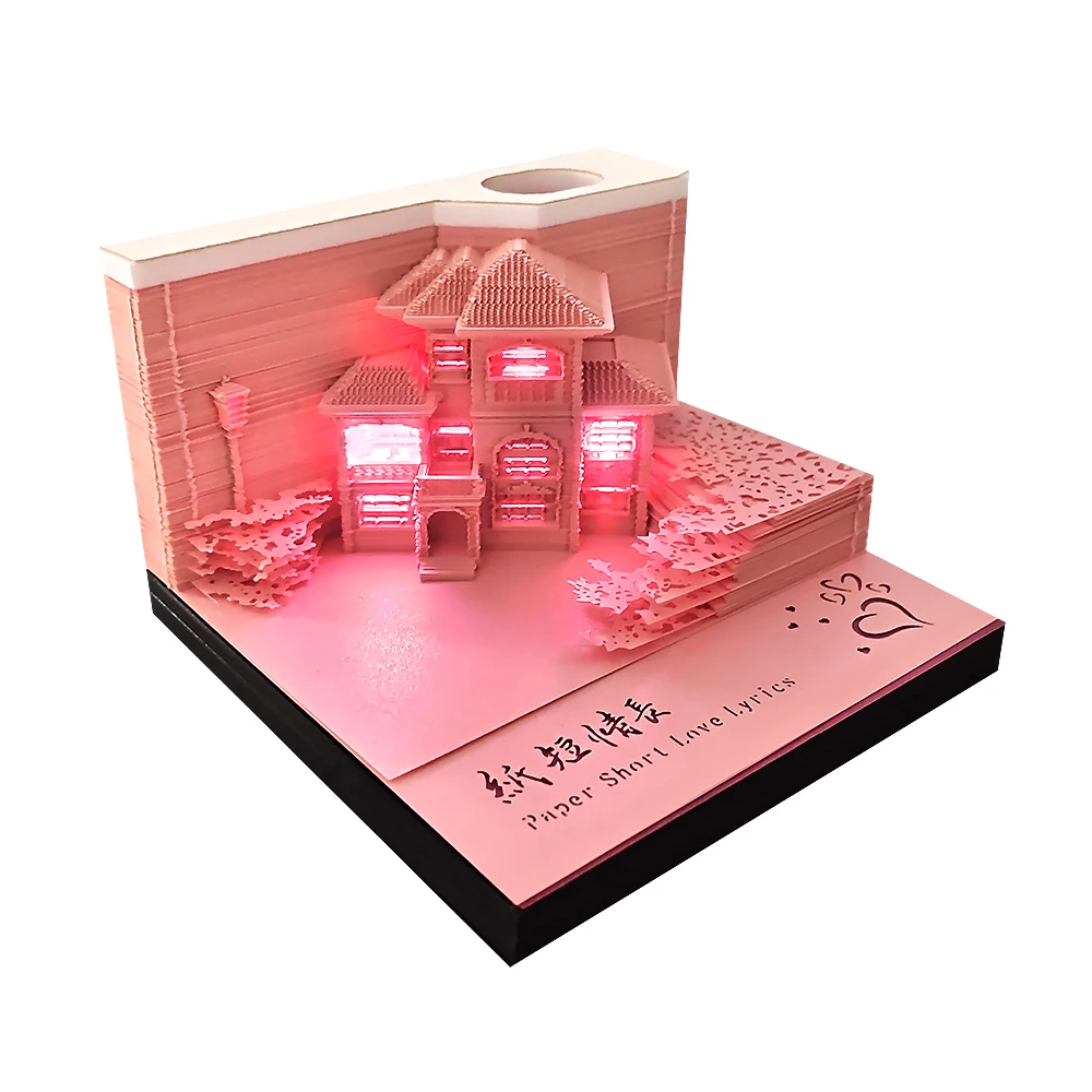 3D Paper Craft Memo Pad Pink Villa Bookmark Building Block Paper Sticky Notes Cute With Pen Hole