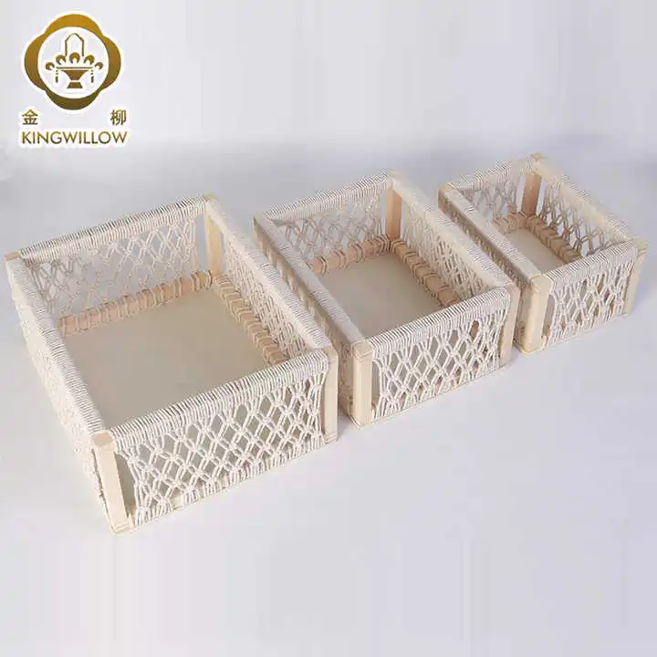 Factory  hot selling rectangular handmade wooden storage box wood sundries basket with cotton rope design customized  wholesale