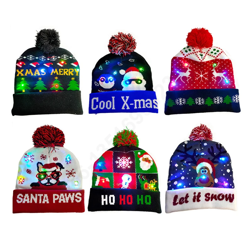 Christmas Hats Beanie LED Light Santa Elk Hat Light Up Knitted Hat Gift For Kids Adult