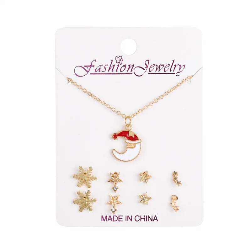 Christmas Jewelry Set Gift Pearl Crystal Christmas Santa Claus Snowflake Deer Star Snowman Necklace Earrings  Set for Kids Girls