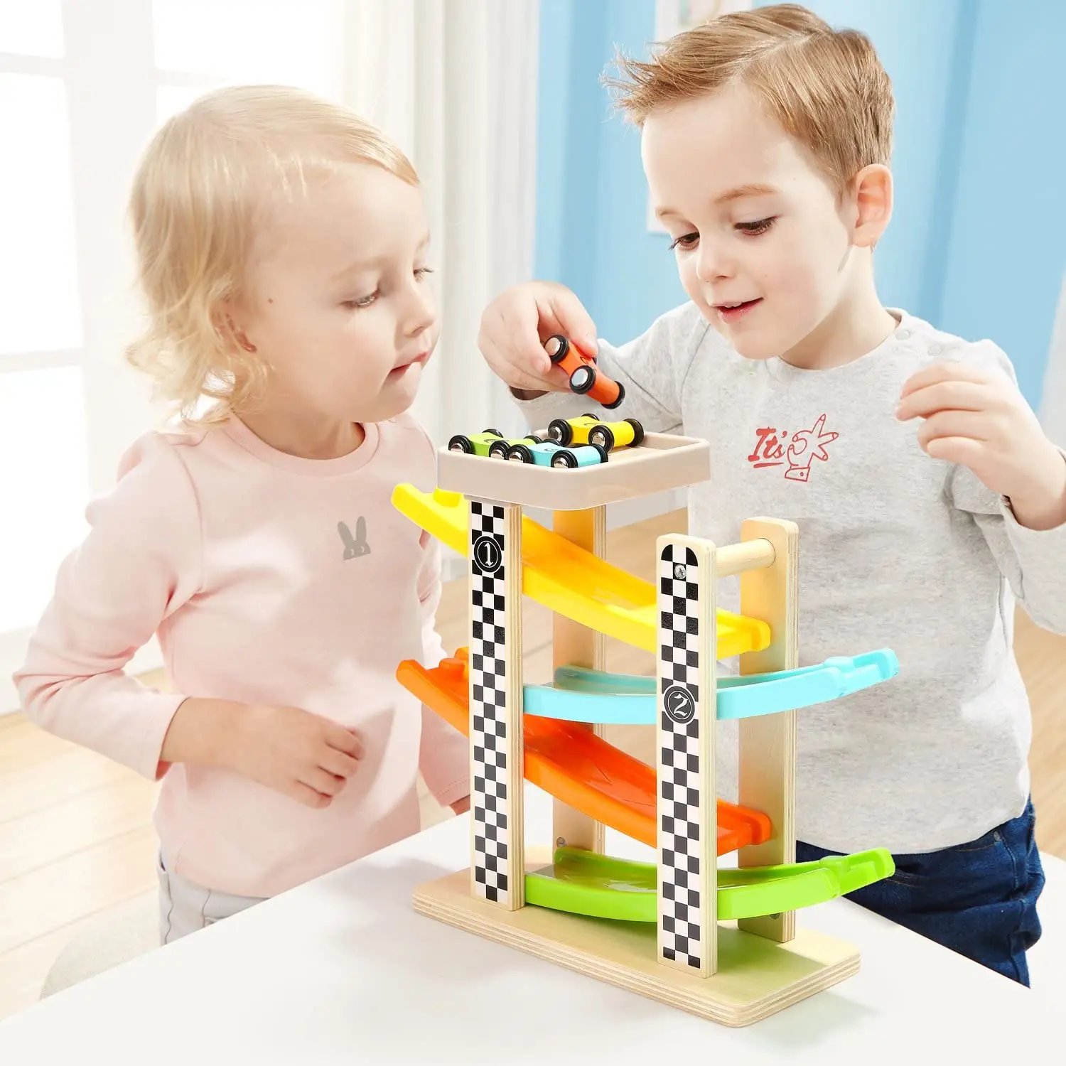 Toddler Toys for 1 2 Year Old Boy and Girl Gifts Wooden Race Track Car Ramp Racer with 4 Mini Cars