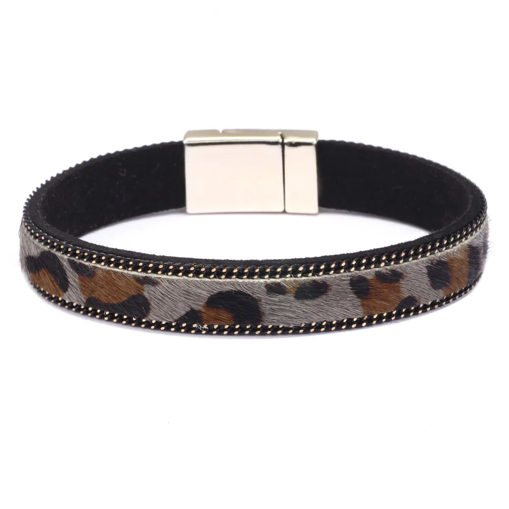 2019 New Fashion Punk Horse Hair Leopard Print Leather Cuff Bracelet Wristband Female Magnetic Clasps Wrap Bracelets for Women