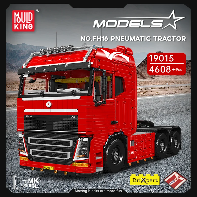 2024 Mould King 19015 FH16 Pneumatic Tractor MOC Brick Toy 19015T Heavy-Duty Tow Trailer Technical Engineering Vehicle Toy
