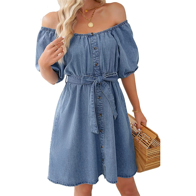 Denim Dress for Women Off The Shoulder Dresses Puff Sleeve Elastic Waist A Line Short Western Jean Dress Belted