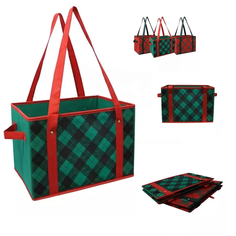 Custom Reusable Shopping Box Bag non-woven Grocery Collapsible Heavy Duty Durable storage foldable Tote Bag with Long Handle