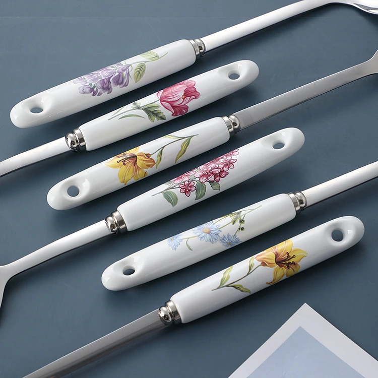 Wholesale 7Pcs Floral Ceramic Handle Stainless Steel Utensil Cooking Set Kitchen Utensils From China