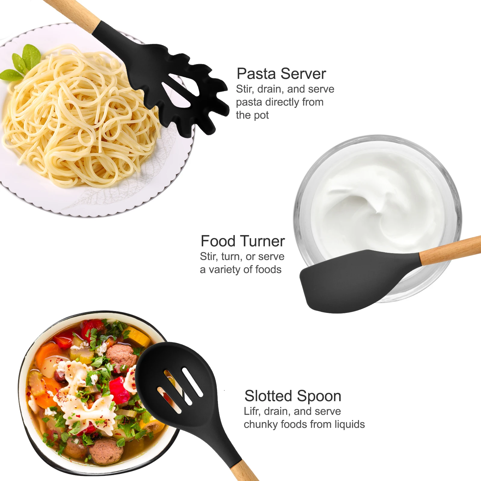 24PCS Kitchen Utensils Set, 2024 Cookware Wooden Handle Silicone Turner Tongs Spatula Spoon With Bucket