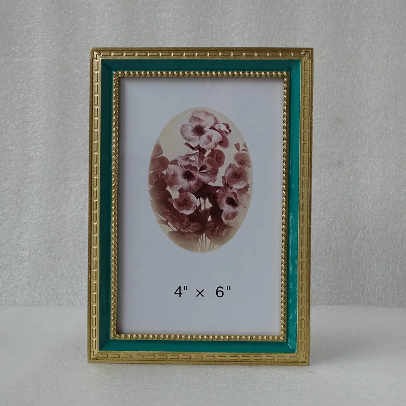 
Vintage Gold Blue Hand Epoxy 4 by 6 Zinc Alloy Tabletop Picture Photo Frame in Rectangle Shape 