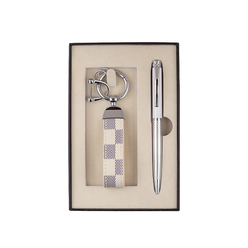 2021Promotional Office Products high quality metal ball pen and checked key ring gift set