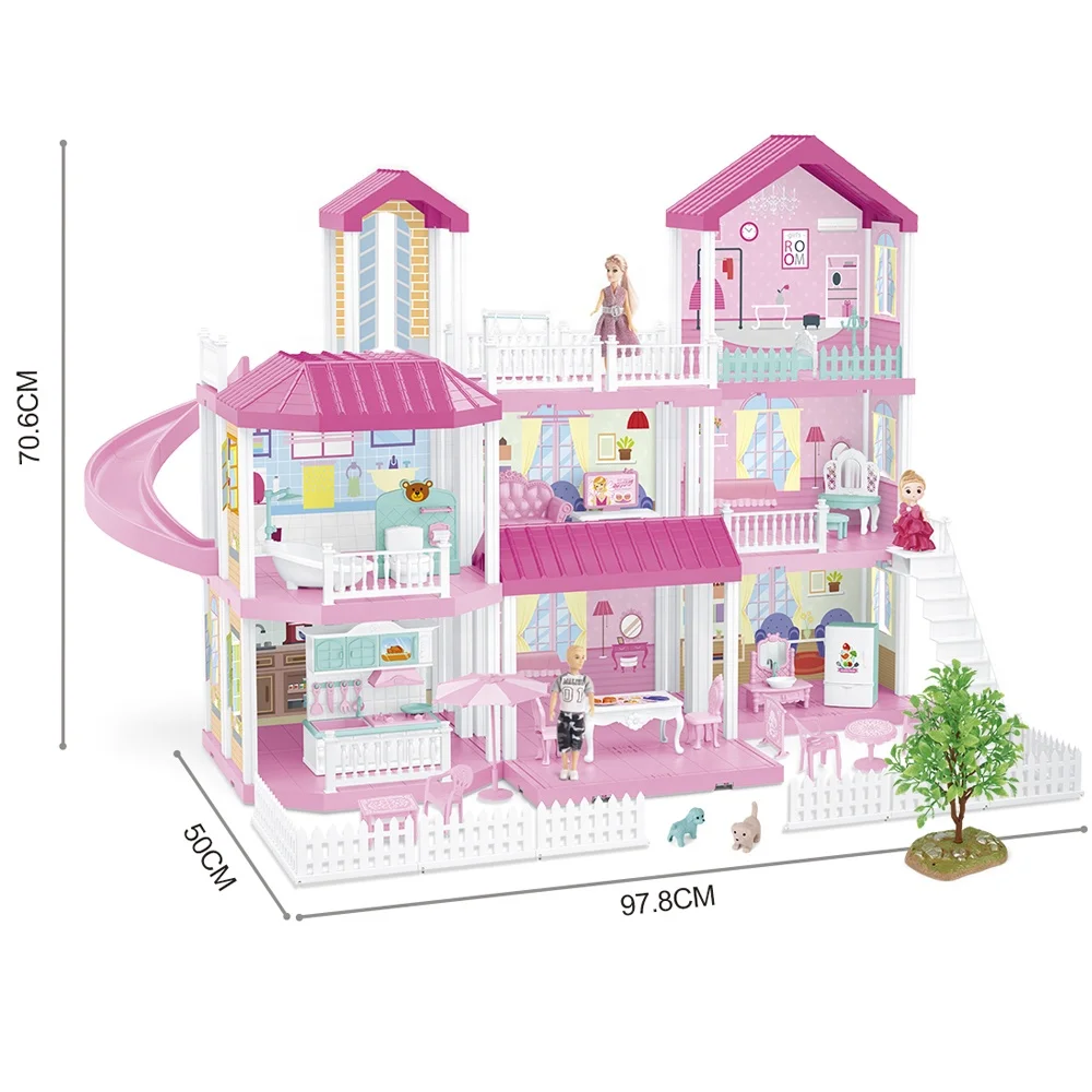 Pretend Play Girl Princess Toy Accessories Furniture DIY Assembly Plastic Big Size Dream Pink Doll House with Boy and Girl Doll