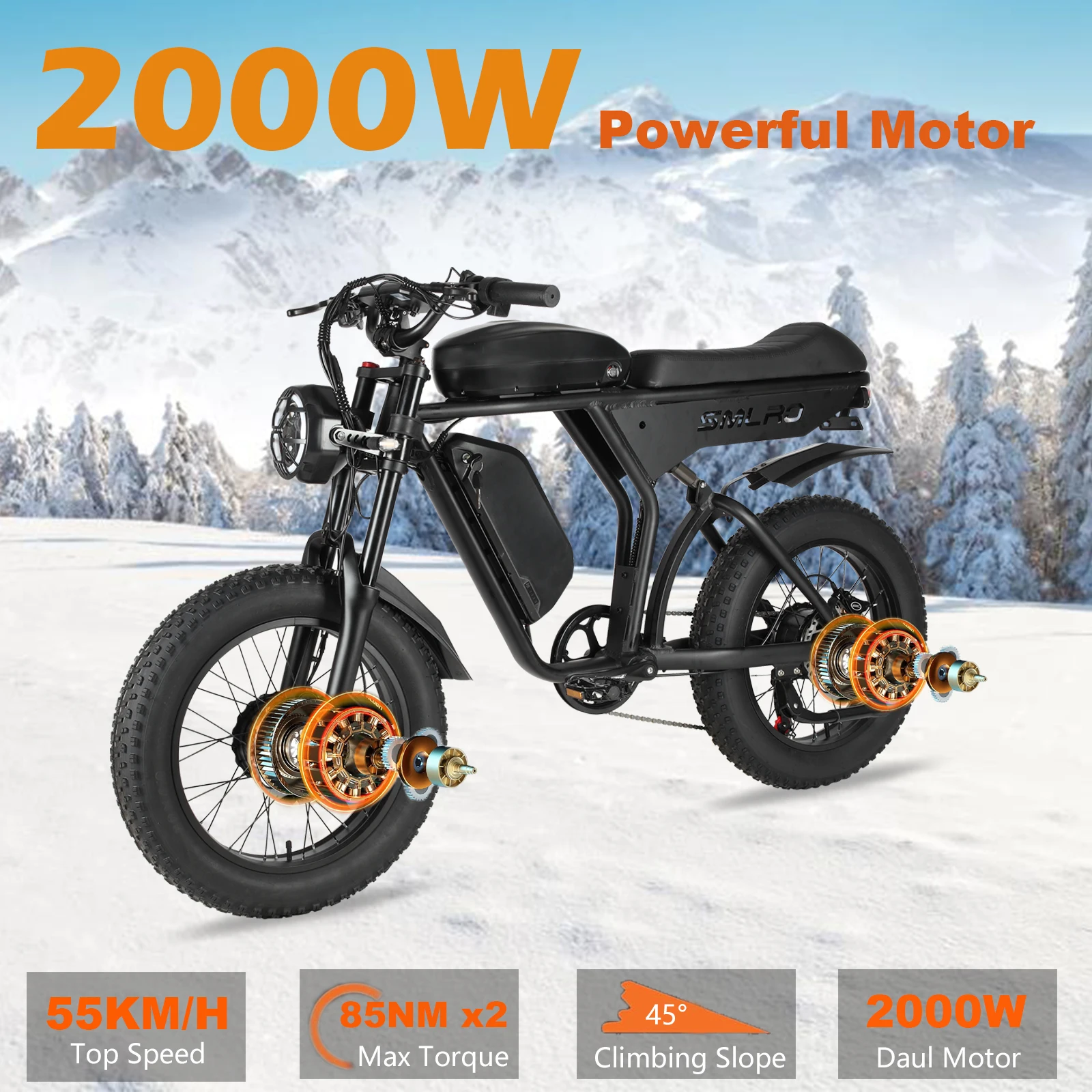 US Stock SMLRO U8 2000W 40.2AH Electric Bike Dual  Motor 7 Speed Gears Disc Brake System Aluminum Alloy Frame for Adults