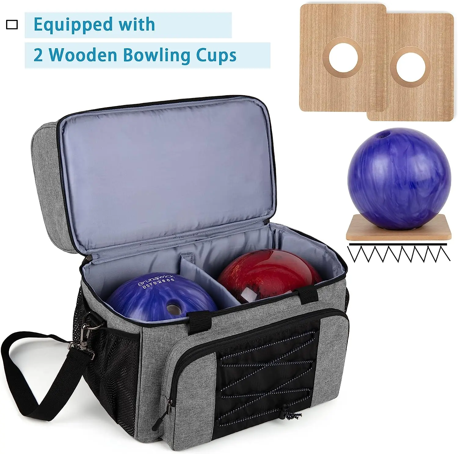 Bowling Bag 2 Balls Tote with Wooden Bowling Cups and Padded Divider for Double Ball and A Pair of Bowling Shoes Up to Mens 16