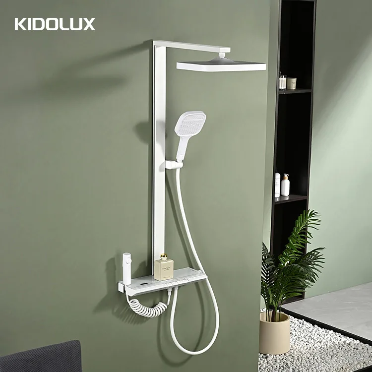 Kidolux White Smart Shower Digital Display No Battery 4 Way Rainfall Piano Shower Set Mixer Thermostatic valve Shower System