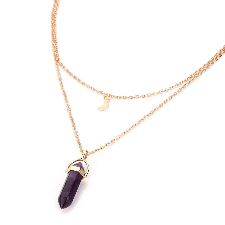 Liberty Gifts Wholesale Moon Creative Hexagonal Column Sweet Pendant Necklace Spring New Natural Stone Two-Layer Necklace